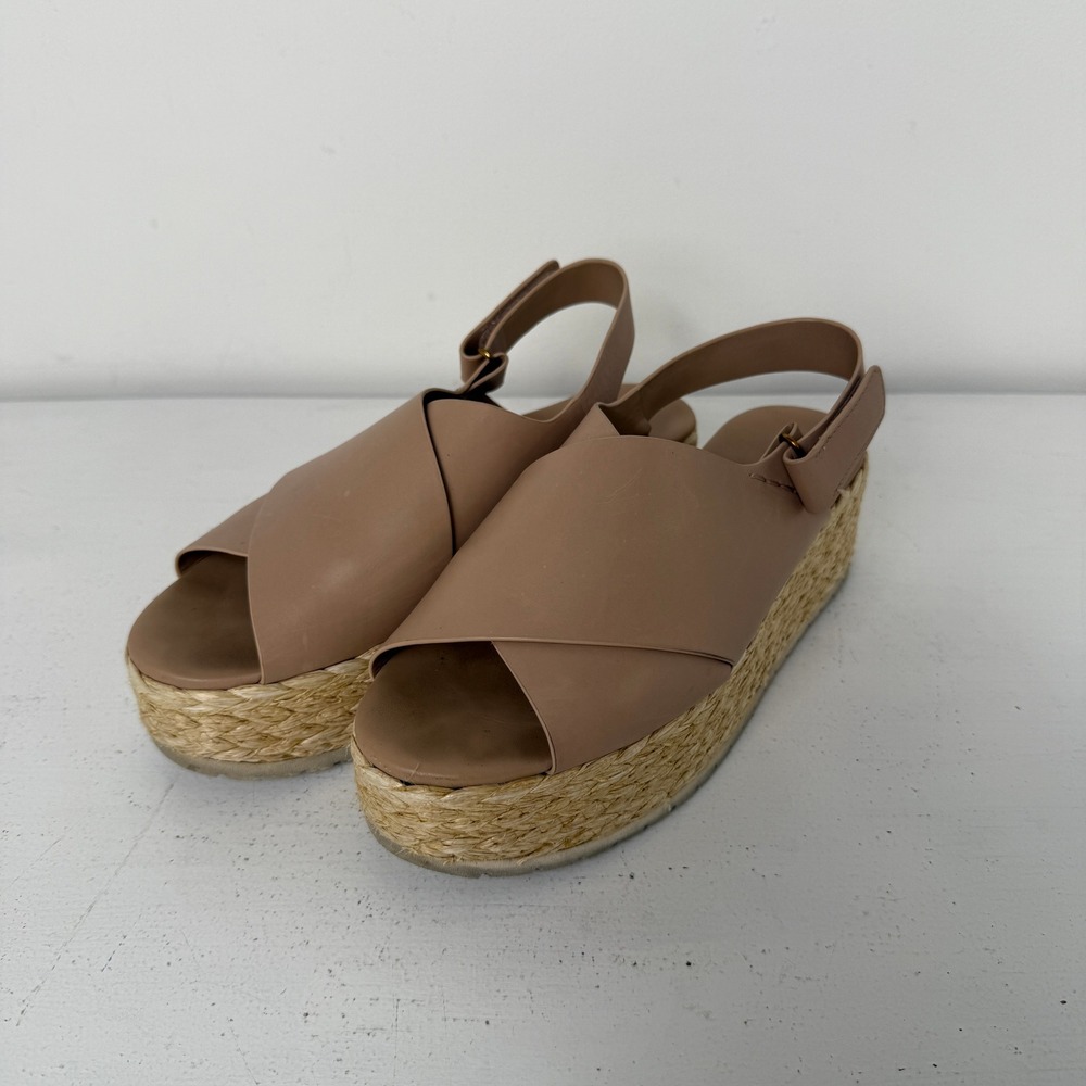 Vince Glyn Nude Leather Espadrille Platform Slingback Sandals Womens Tan